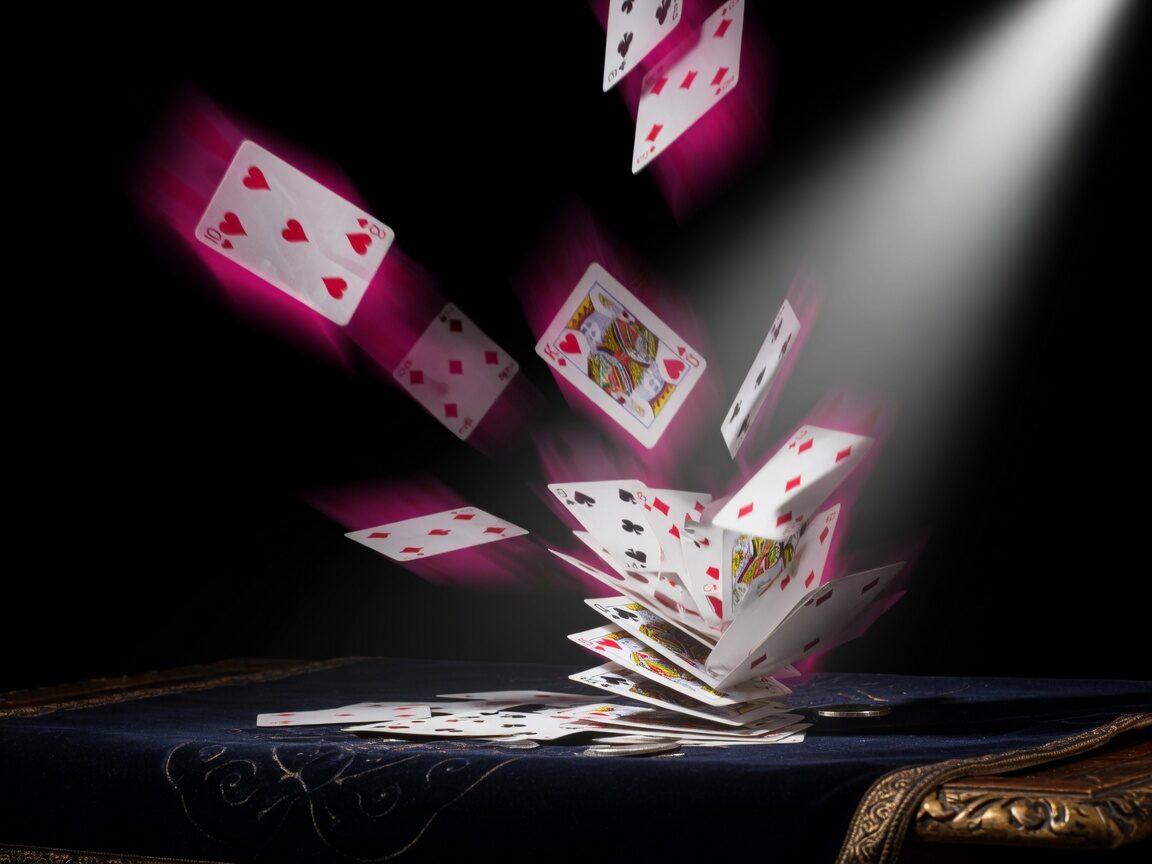 Playing cards exploding upward from a velvet table in a silver spotlight with magenta glow.