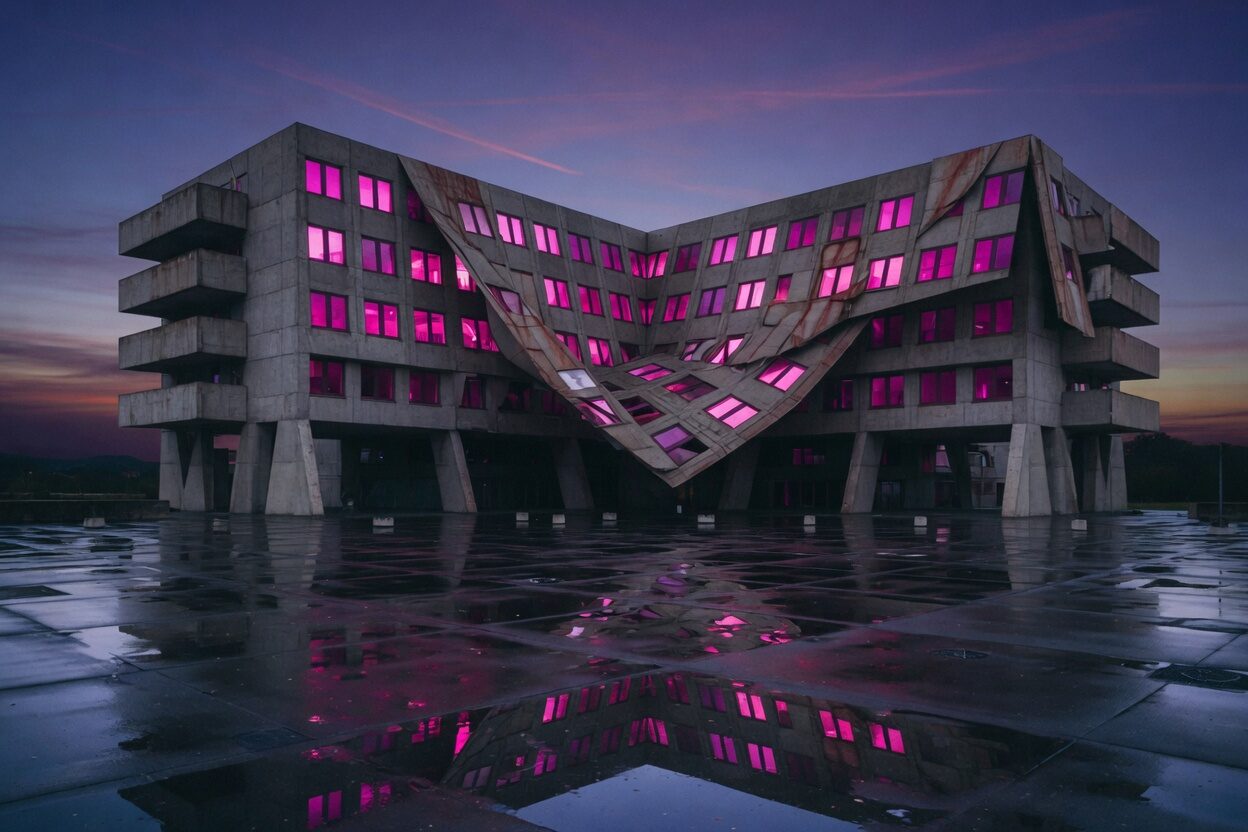 Brutalist building folding into itself at dusk, magenta windows reflecting in a wet plaza.