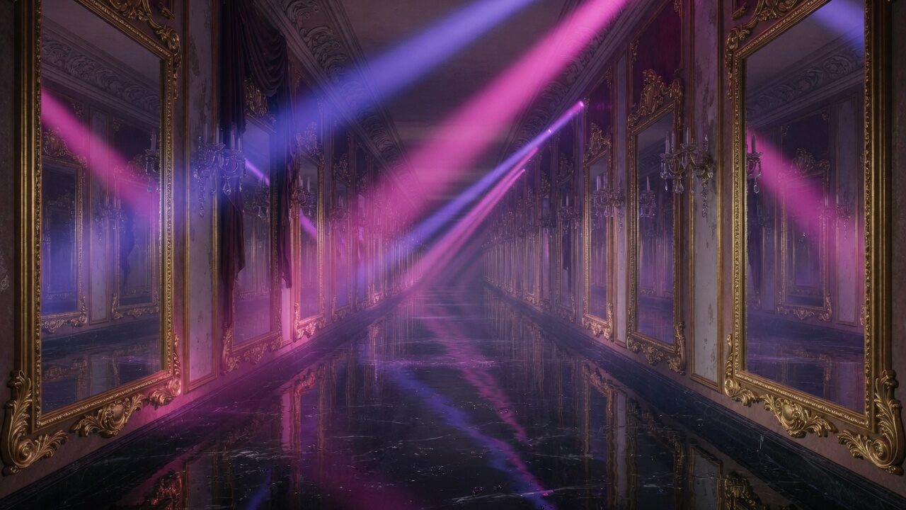 Infinite mirrored hall with gold frames, magenta and indigo beams crossing over a black marble floor.