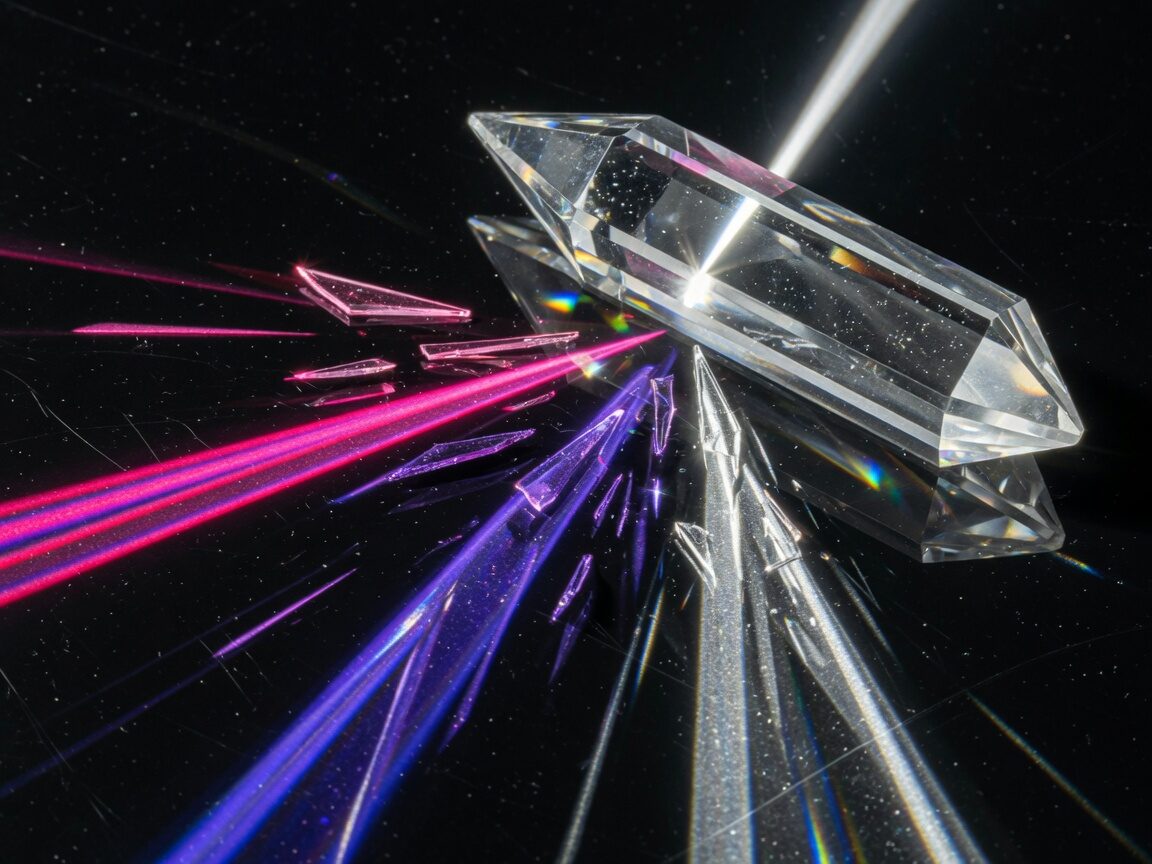 Crystal prism splitting a beam into magenta, violet, and silver light.