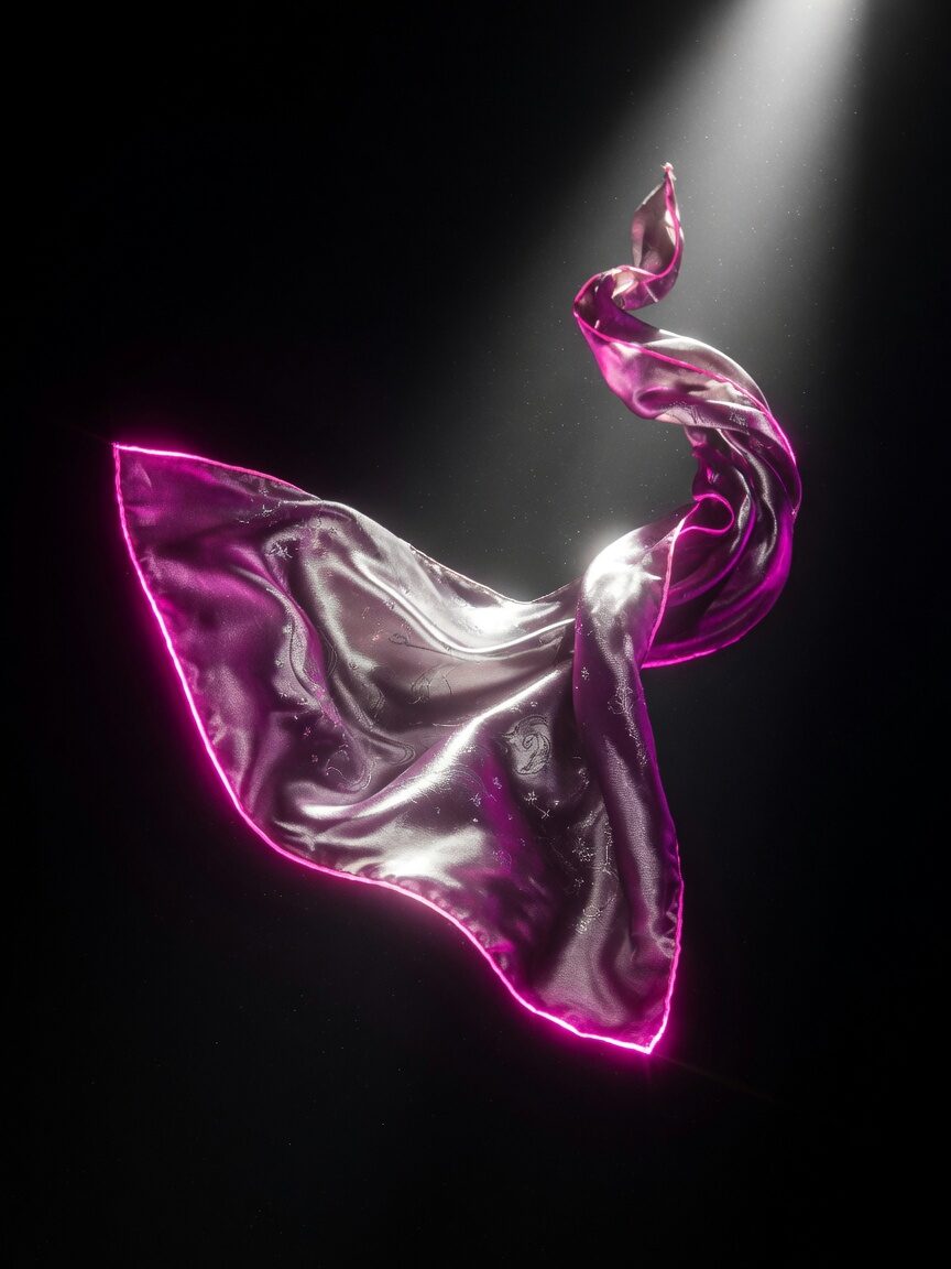 Magenta silk scarf frozen in a spotlight against black.