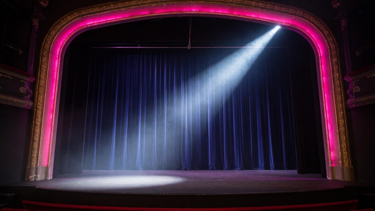 Empty theater stage, indigo curtain, magenta proscenium, a single silver spotlight through haze.