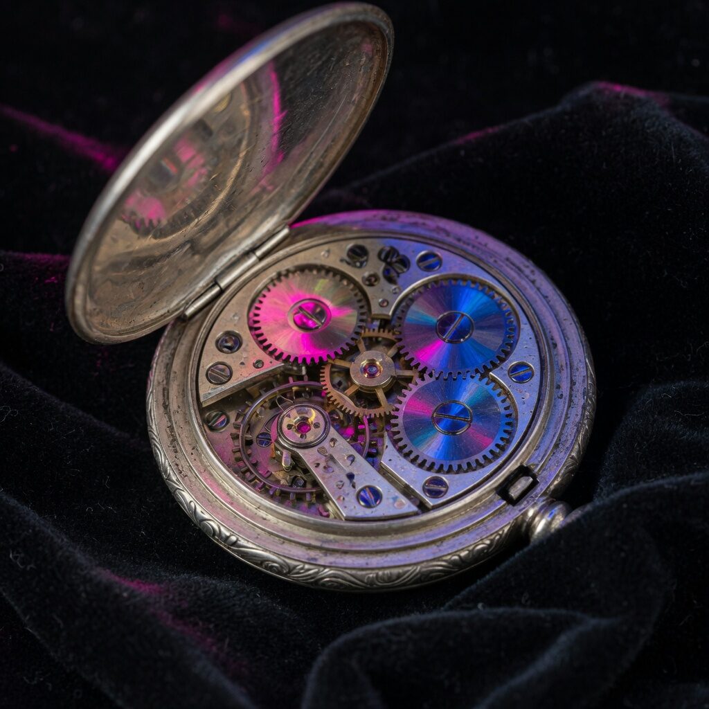 Open silver pocket watch on black velvet, gears catching magenta and indigo light.